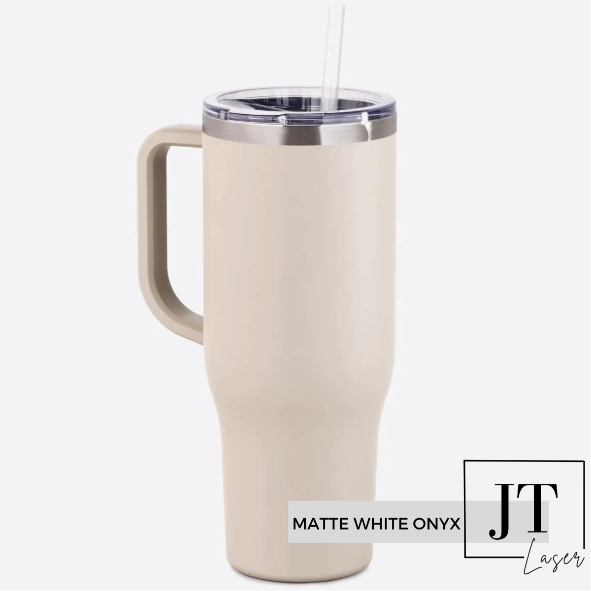 Personalized 40 Oz. Tumbler with Handle: MATTE WHITE ONYX