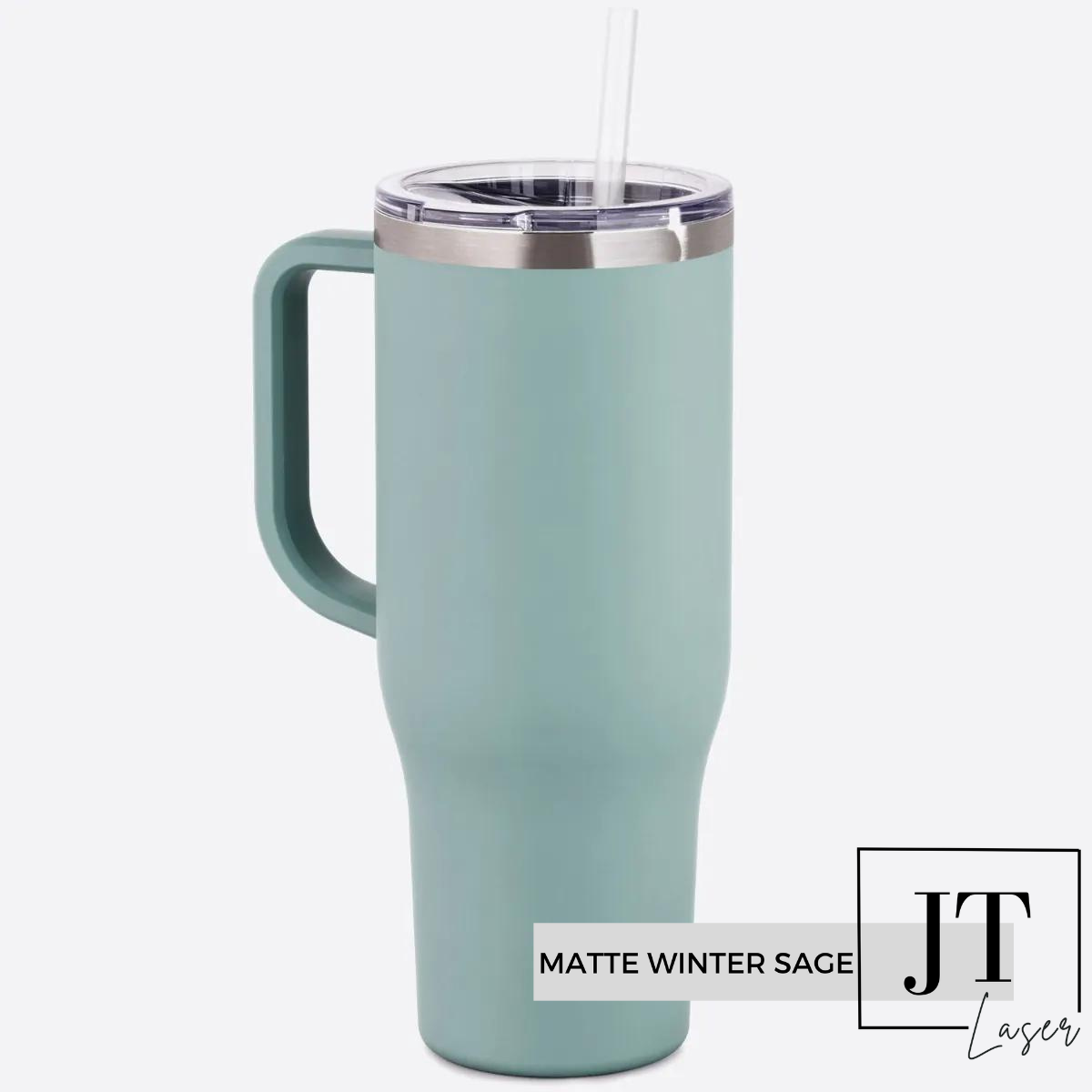 Personalized 40 Oz. Tumbler with Handle: MATTE WINTER SAGE